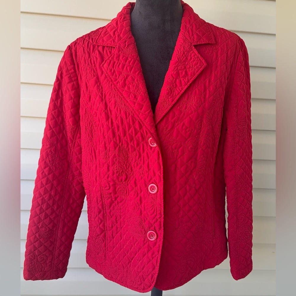 RQT Red Quilted Button Up Coat Collared Womens Large Embroidery Outerwear